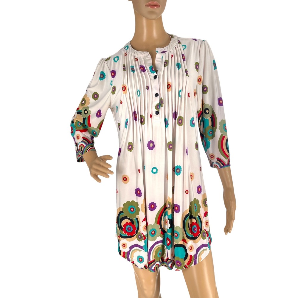 Reborn Pleated Mini Dress Floral 3/4‎ Sleeves Retro Art Deco Size Medium